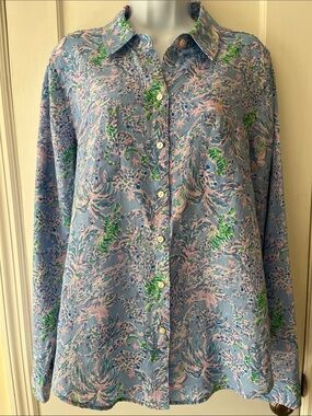 Lilly Pulitzer Sea View Linen Button Blouse Blue Peri Womens L Preppy‎ Coastal